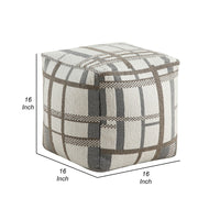 Modern Pouf Ottoman, Beige Gray Chunky Plaid Jacquard, 16 Inch Square -BM336168