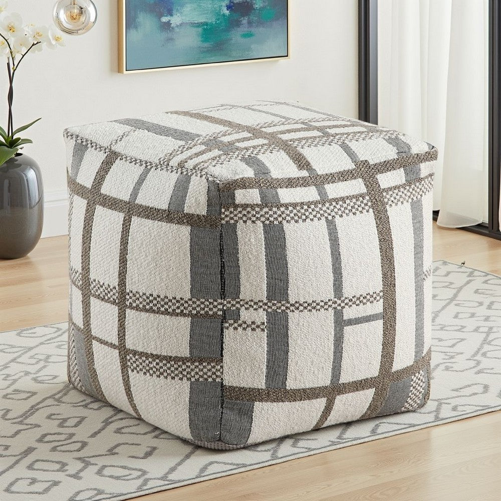 Modern Pouf Ottoman, Beige Gray Chunky Plaid Jacquard, 16 Inch Square -BM336168