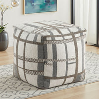 Modern Pouf Ottoman, Beige Gray Chunky Plaid Jacquard, 16 Inch Square -BM336168