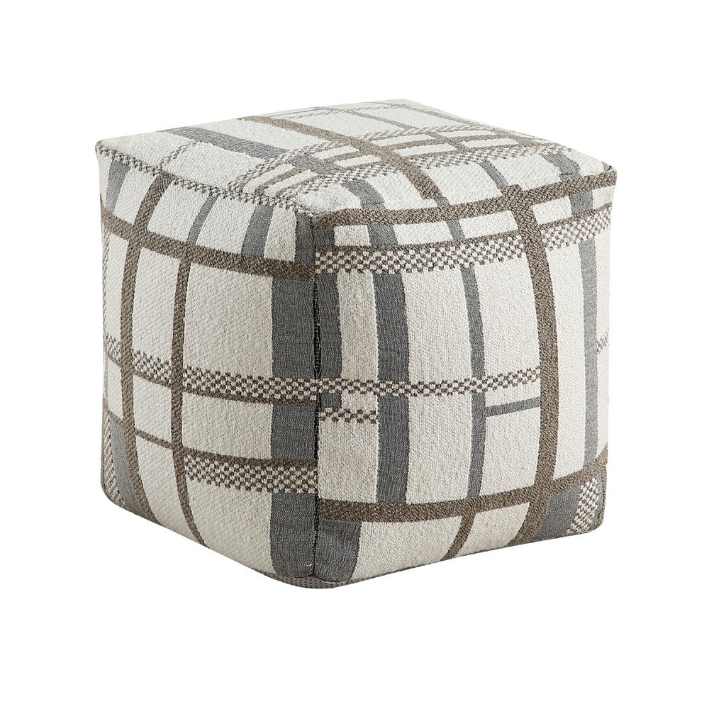 Modern Pouf Ottoman, Beige Gray Chunky Plaid Jacquard, 16 Inch Square -BM336168