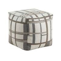 Modern Pouf Ottoman, Beige Gray Chunky Plaid Jacquard, 16 Inch Square -BM336168