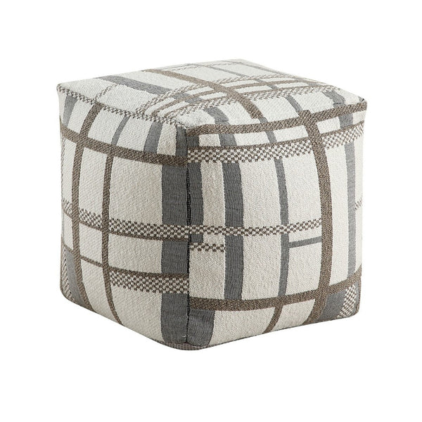 Modern Pouf Ottoman, Beige Gray Chunky Plaid Jacquard, 16 Inch Square -BM336168