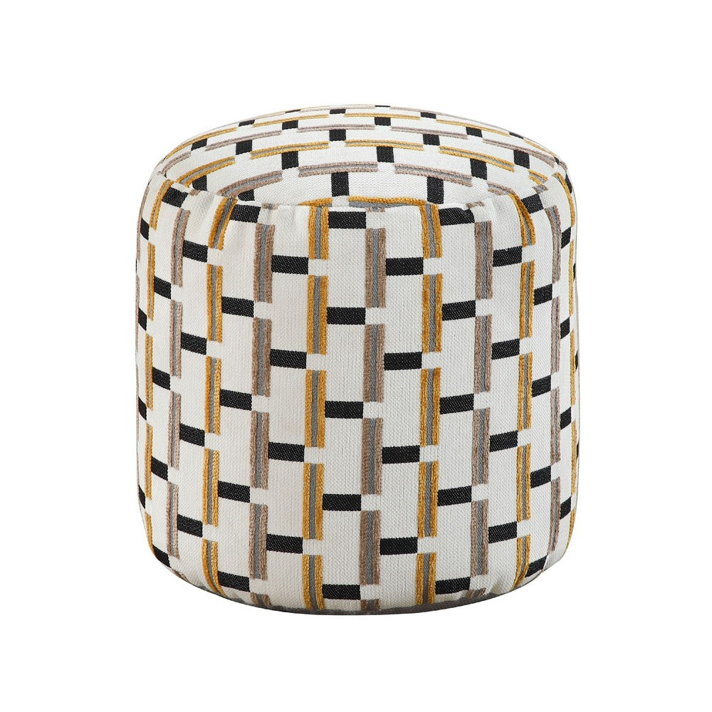 Modern Pouf Ottoman, Beige Gray Geometric Block Jacquard, 16 Inch -BM336170