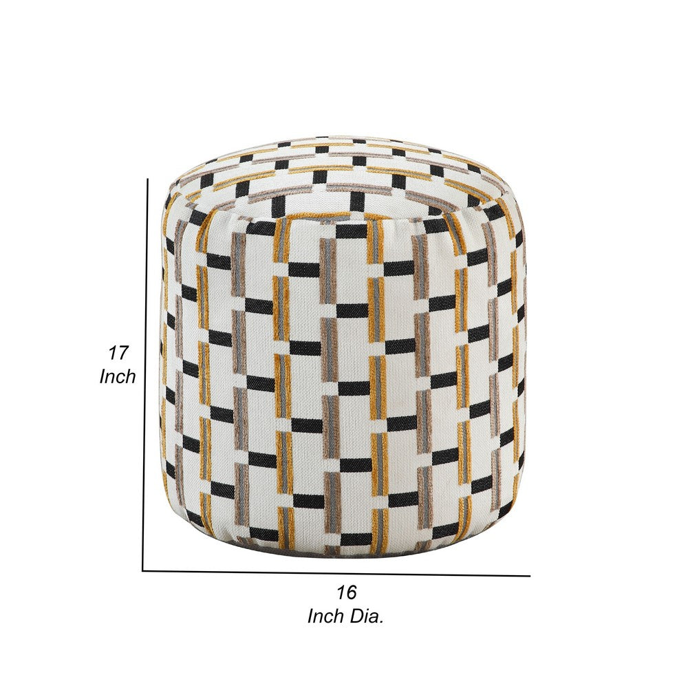 Modern Pouf Ottoman, Beige Gray Geometric Block Jacquard, 16 Inch -BM336170