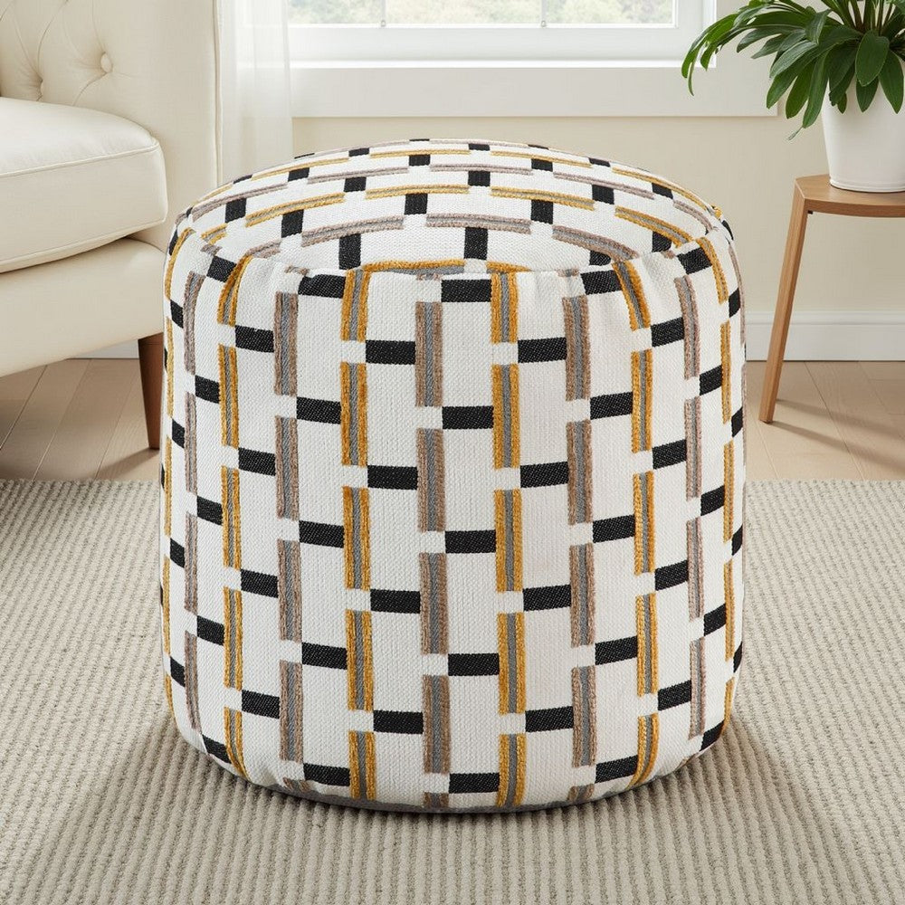Modern Pouf Ottoman, Beige Gray Geometric Block Jacquard, 16 Inch -BM336170