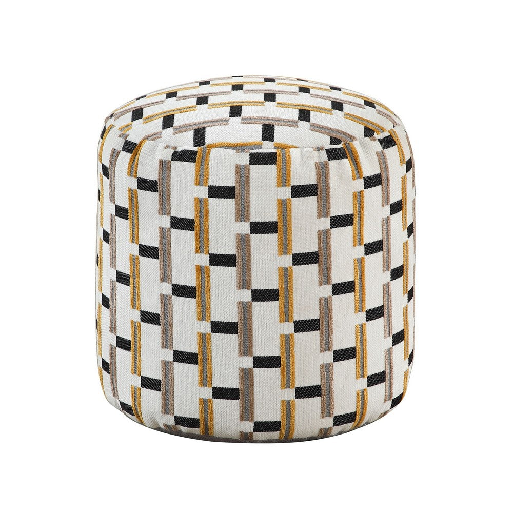Modern Pouf Ottoman, Beige Gray Geometric Block Jacquard, 16 Inch -BM336170
