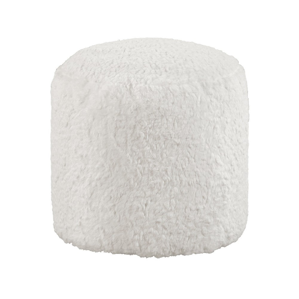Modern Pouf Ottoman, 16 Inch Round w Fluffy Off White Faux Fur Texture -BM336171