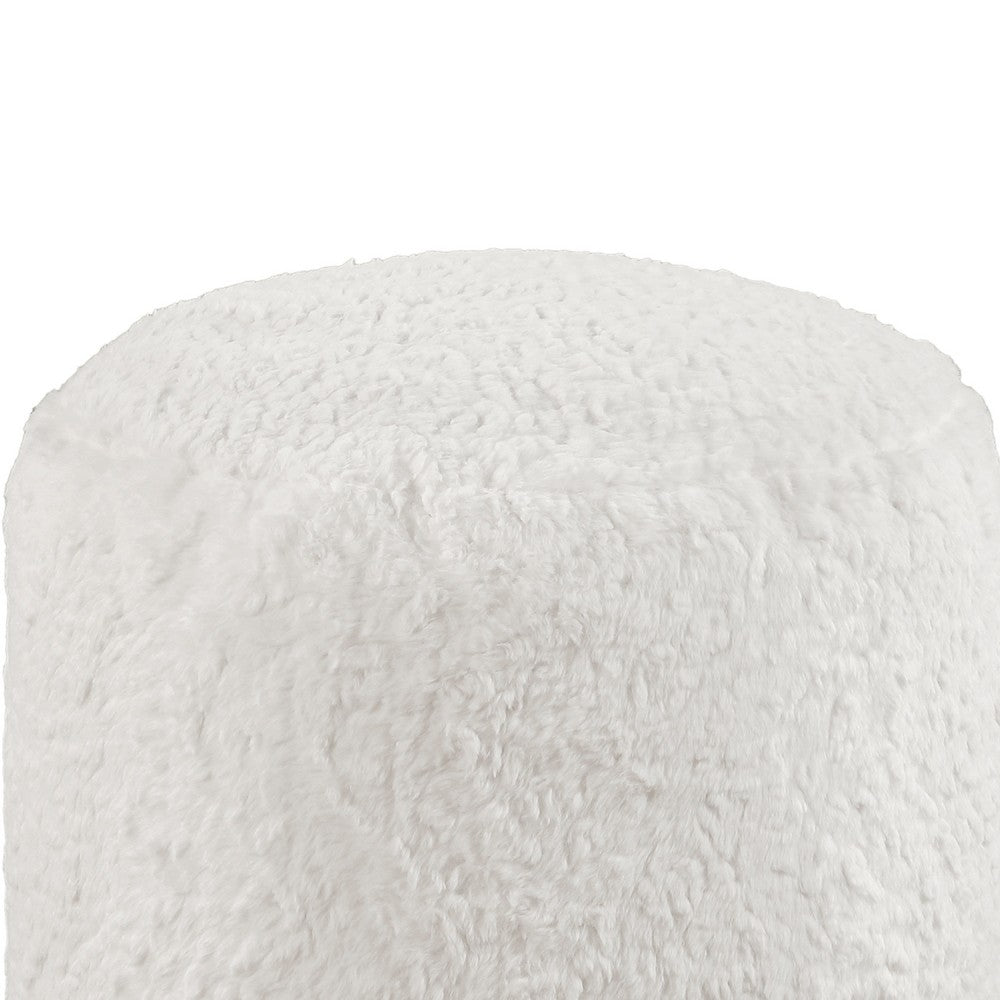 Modern Pouf Ottoman, 16 Inch Round w Fluffy Off White Faux Fur Texture -BM336171