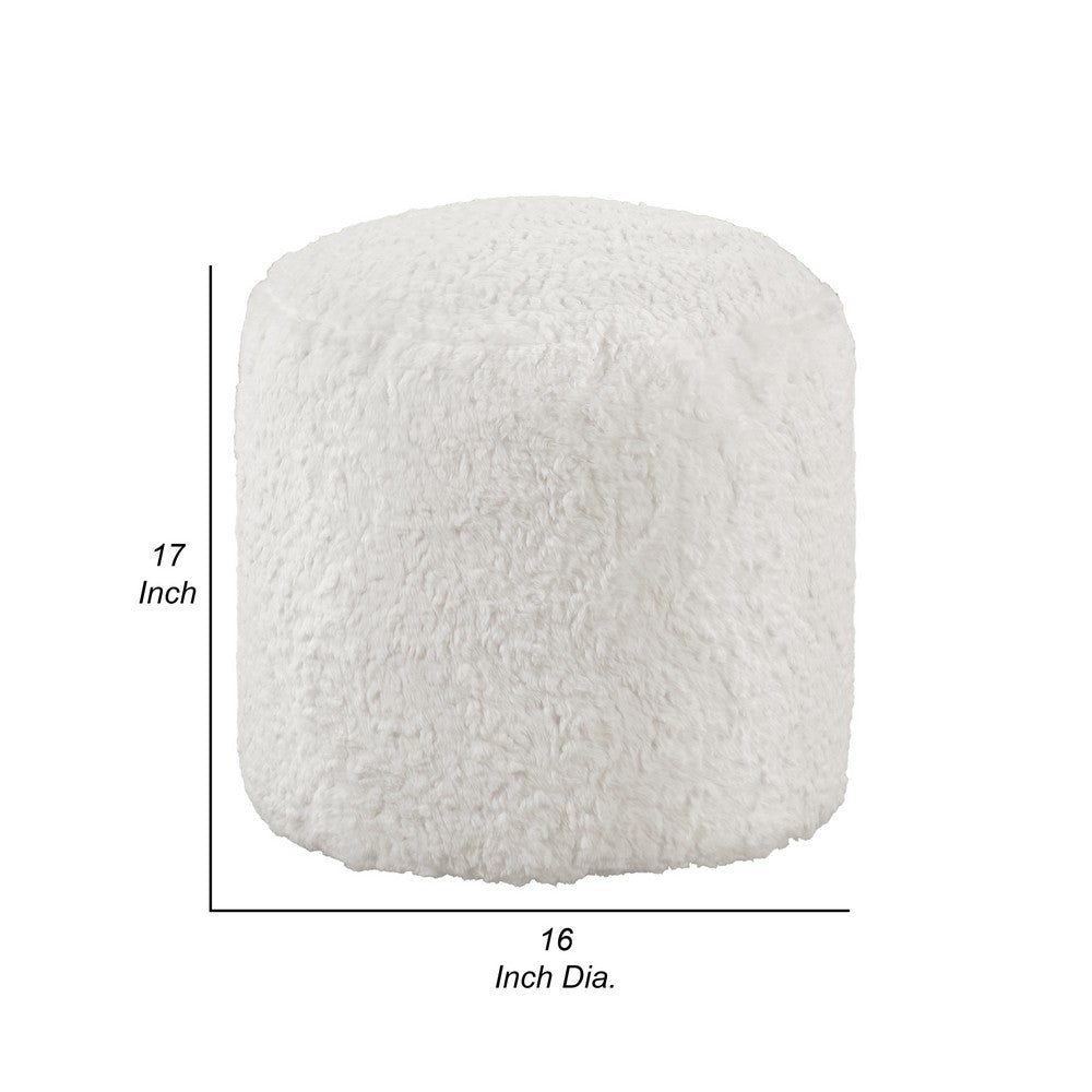 Modern Pouf Ottoman, 16 Inch Round w Fluffy Off White Faux Fur Texture -BM336171