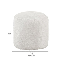 Modern Pouf Ottoman, 16 Inch Round w Fluffy Off White Faux Fur Texture -BM336171