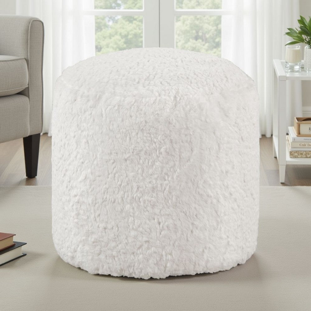 Modern Pouf Ottoman, 16 Inch Round w Fluffy Off White Faux Fur Texture -BM336171