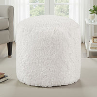 Modern Pouf Ottoman, 16 Inch Round w Fluffy Off White Faux Fur Texture -BM336171