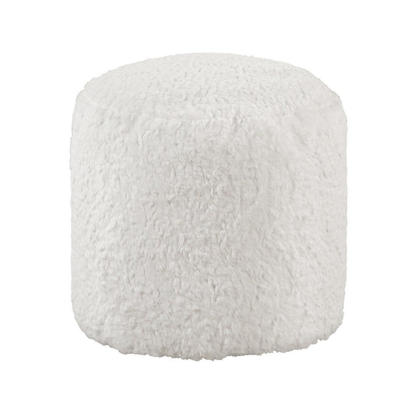 Modern Pouf Ottoman, 16 Inch Round w Fluffy Off White Faux Fur Texture -BM336171
