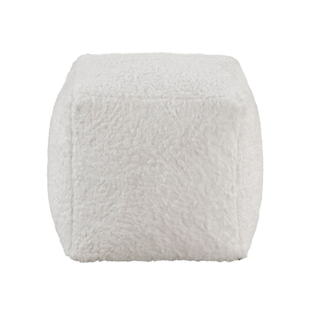Modern Pouf Ottoman, Plush Off White Faux Fur Texture, 16 Inch Square -BM336172
