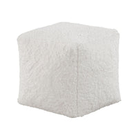 Modern Pouf Ottoman, Plush Off White Faux Fur Texture, 16 Inch Square -BM336172