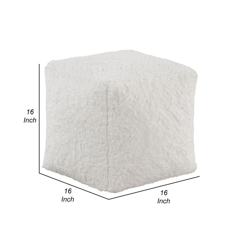 Modern Pouf Ottoman, Plush Off White Faux Fur Texture, 16 Inch Square -BM336172
