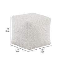 Modern Pouf Ottoman, Plush Off White Faux Fur Texture, 16 Inch Square -BM336172