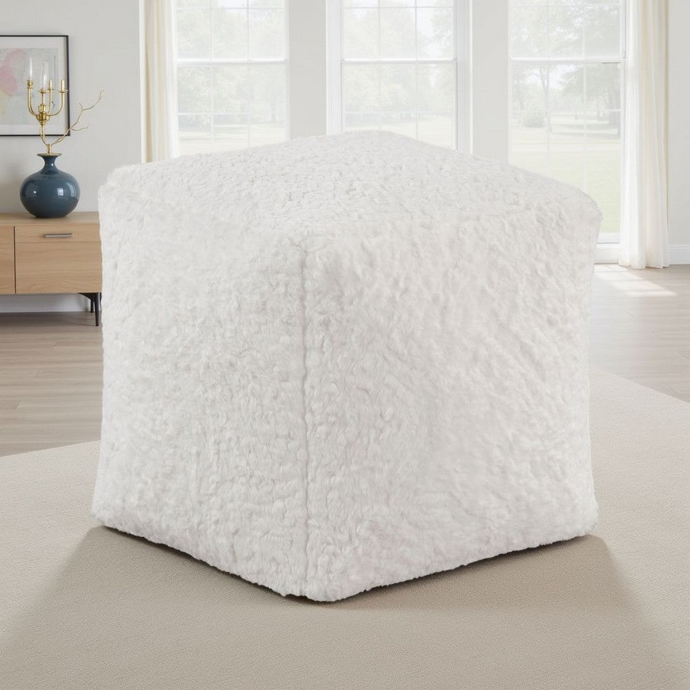 Modern Pouf Ottoman, Plush Off White Faux Fur Texture, 16 Inch Square -BM336172