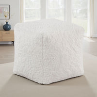Modern Pouf Ottoman, Plush Off White Faux Fur Texture, 16 Inch Square -BM336172