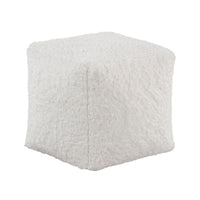 Modern Pouf Ottoman, Plush Off White Faux Fur Texture, 16 Inch Square -BM336172