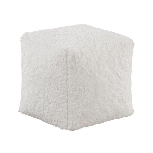 Modern Pouf Ottoman, Plush Off White Faux Fur Texture, 16 Inch Square -BM336172