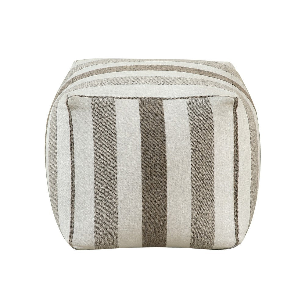 Modern Pouf Ottoman, White and Taupe Striped Jacquard, 16 Inch Square -BM336173