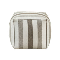 Modern Pouf Ottoman, White and Taupe Striped Jacquard, 16 Inch Square -BM336173
