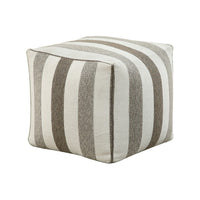 Modern Pouf Ottoman, White and Taupe Striped Jacquard, 16 Inch Square -BM336173