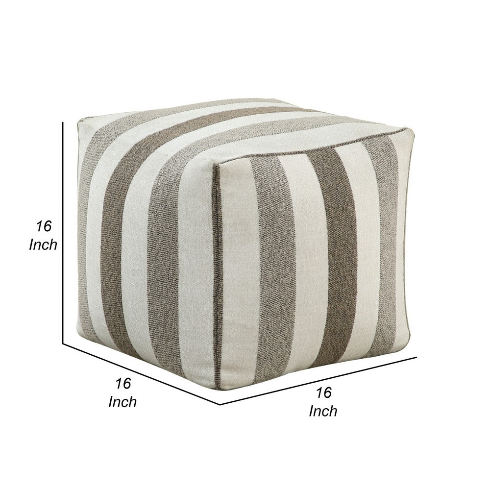 Modern Pouf Ottoman, White and Taupe Striped Jacquard, 16 Inch Square -BM336173