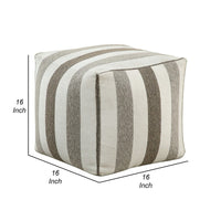 Modern Pouf Ottoman, White and Taupe Striped Jacquard, 16 Inch Square -BM336173