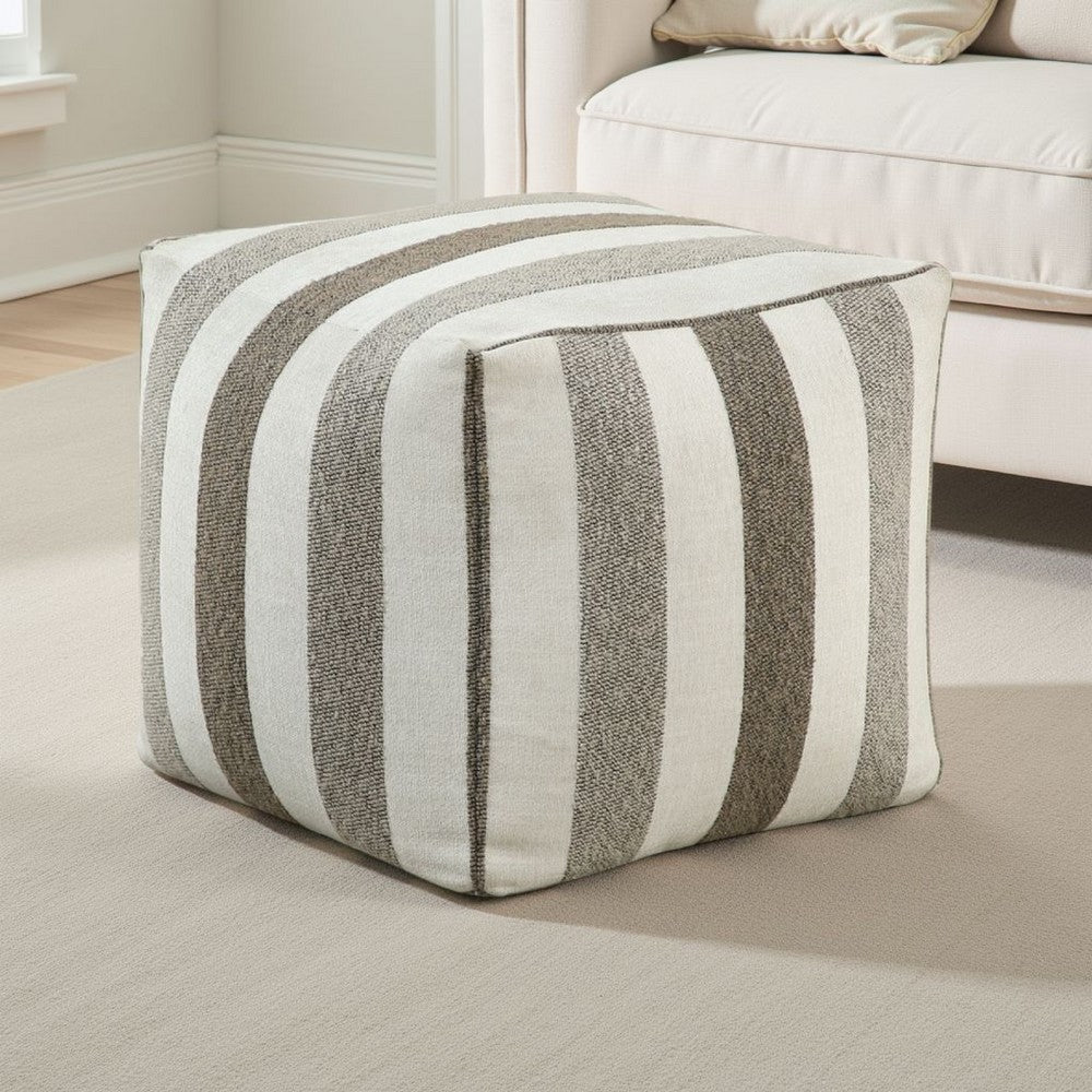 Modern Pouf Ottoman, White and Taupe Striped Jacquard, 16 Inch Square -BM336173