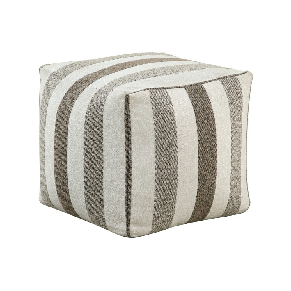 Modern Pouf Ottoman, White and Taupe Striped Jacquard, 16 Inch Square -BM336173