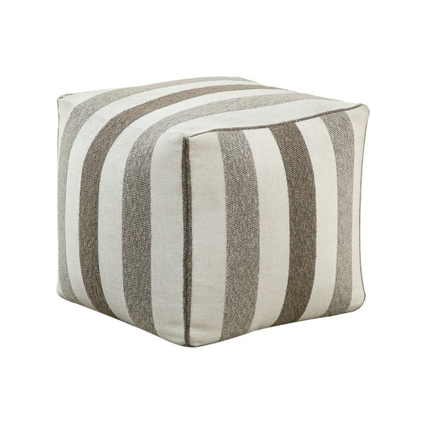 Modern Pouf Ottoman, White and Taupe Striped Jacquard, 16 Inch Square -BM336173