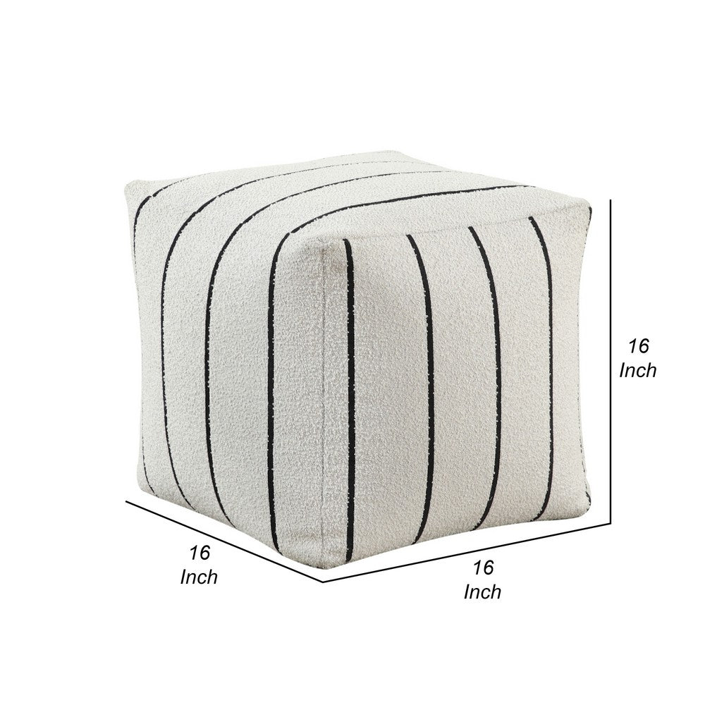 Modern Pouf Ottoman, White Black Striped Jacquard, 16 Inch Square -BM336174