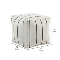Modern Pouf Ottoman, White Black Striped Jacquard, 16 Inch Square -BM336174