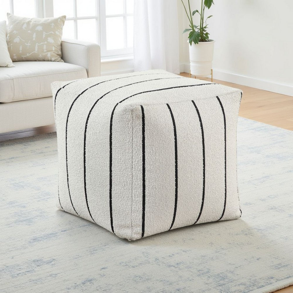 Modern Pouf Ottoman, White Black Striped Jacquard, 16 Inch Square -BM336174