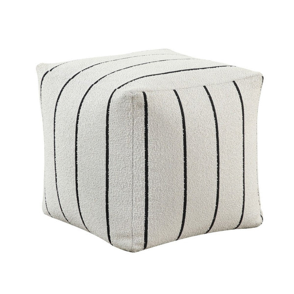 Modern Pouf Ottoman, White Black Striped Jacquard, 16 Inch Square -BM336174