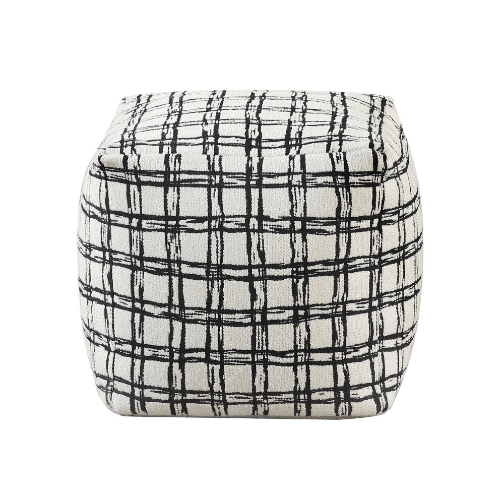Modern Pouf Ottoman, White Black Checkered Jacquard, 16 Inch Square -BM336175