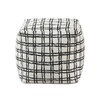Modern Pouf Ottoman, White Black Checkered Jacquard, 16 Inch Square -BM336175