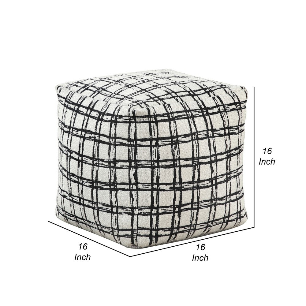 Modern Pouf Ottoman, White Black Checkered Jacquard, 16 Inch Square -BM336175