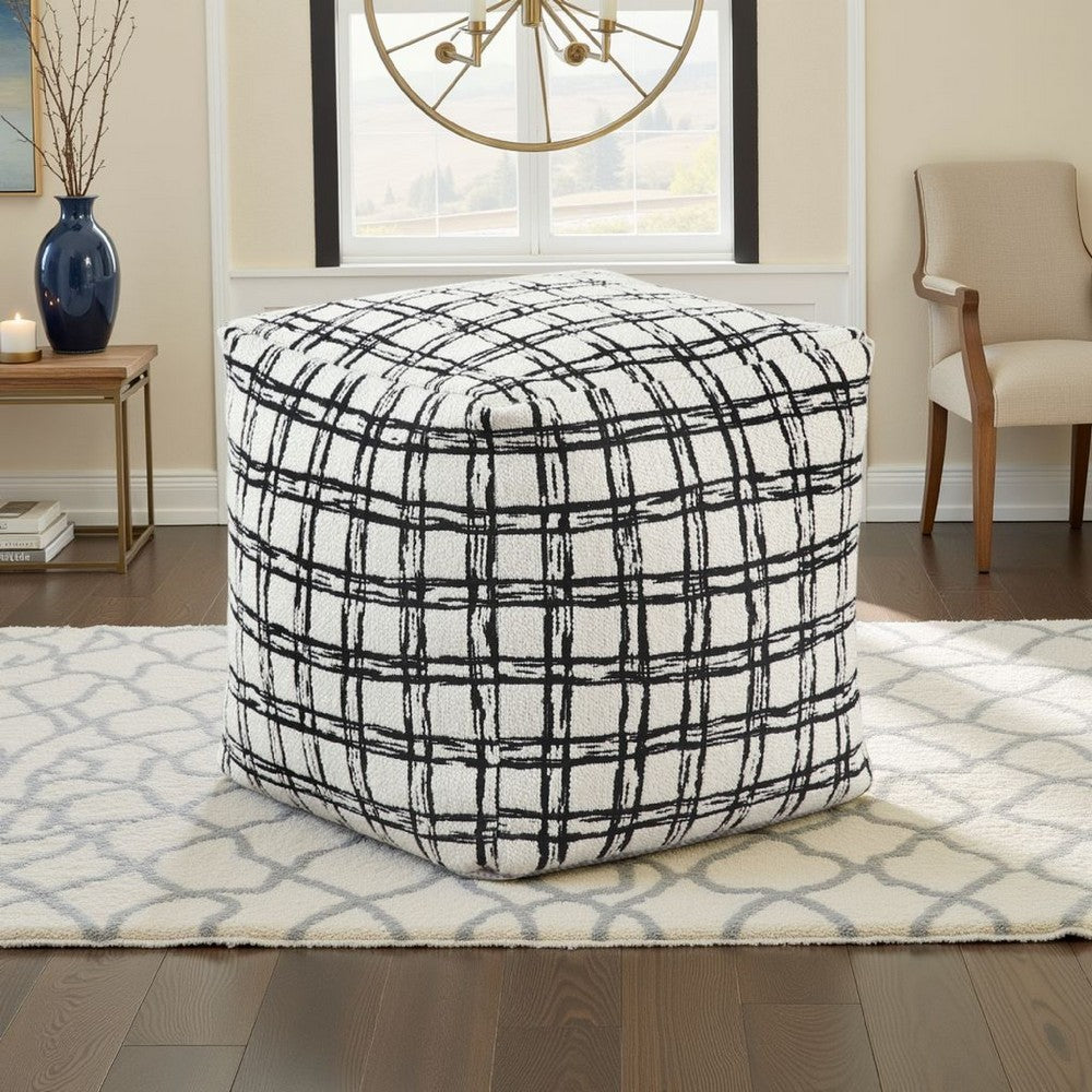 Modern Pouf Ottoman, White Black Checkered Jacquard, 16 Inch Square -BM336175