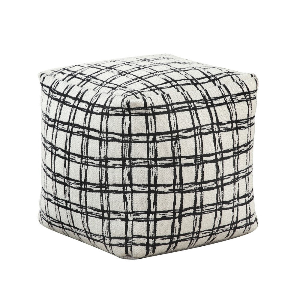 Modern Pouf Ottoman, White Black Checkered Jacquard, 16 Inch Square -BM336175