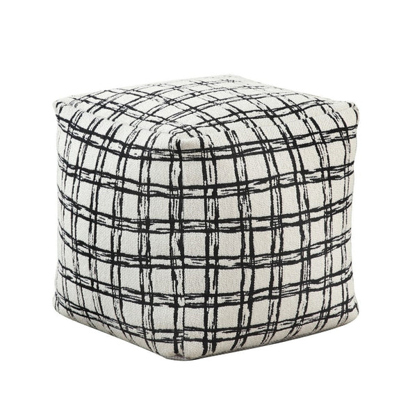 Modern Pouf Ottoman, White Black Checkered Jacquard, 16 Inch Square -BM336175