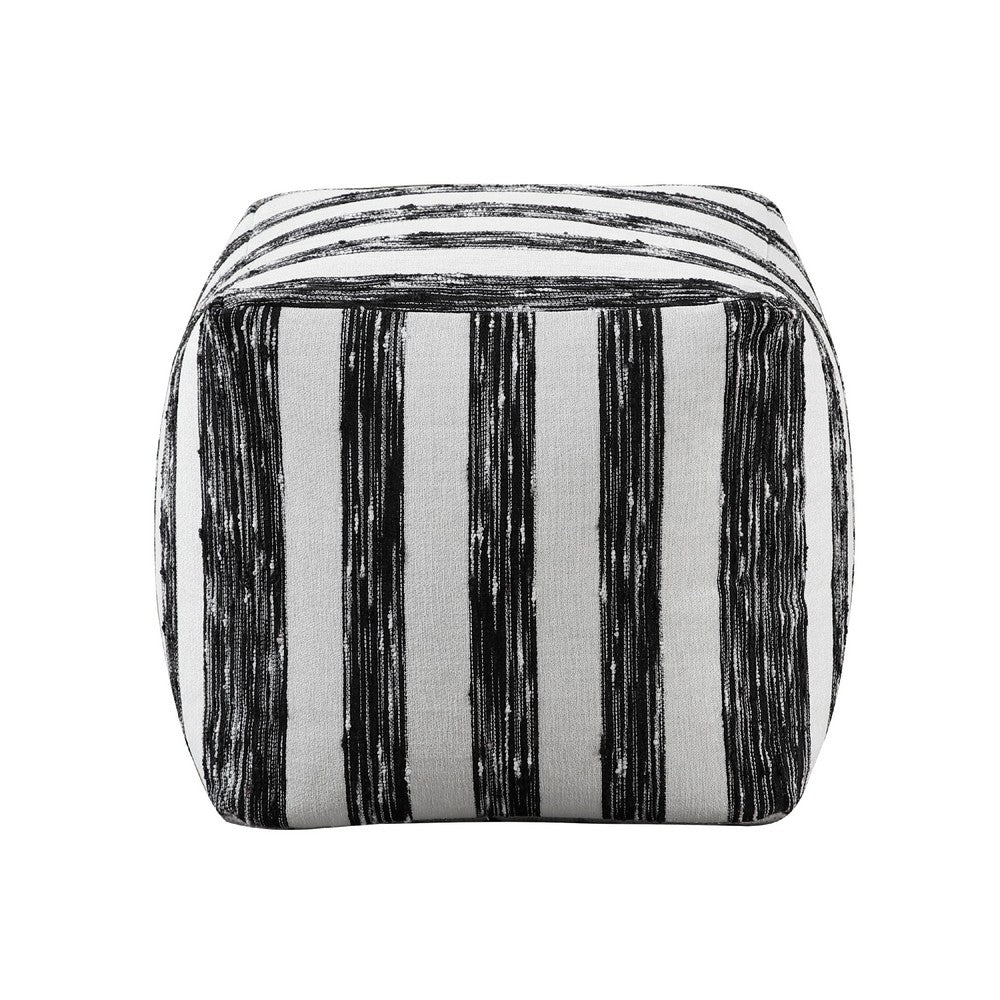 Modern Pouf Ottoman, Black White Wide Striped Jacquard, 16 Inch Square -BM336176