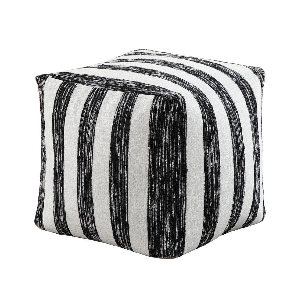 Modern Pouf Ottoman, Black White Wide Striped Jacquard, 16 Inch Square -BM336176