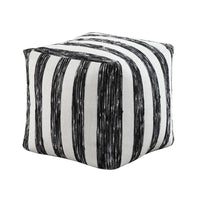 Modern Pouf Ottoman, Black White Wide Striped Jacquard, 16 Inch Square -BM336176