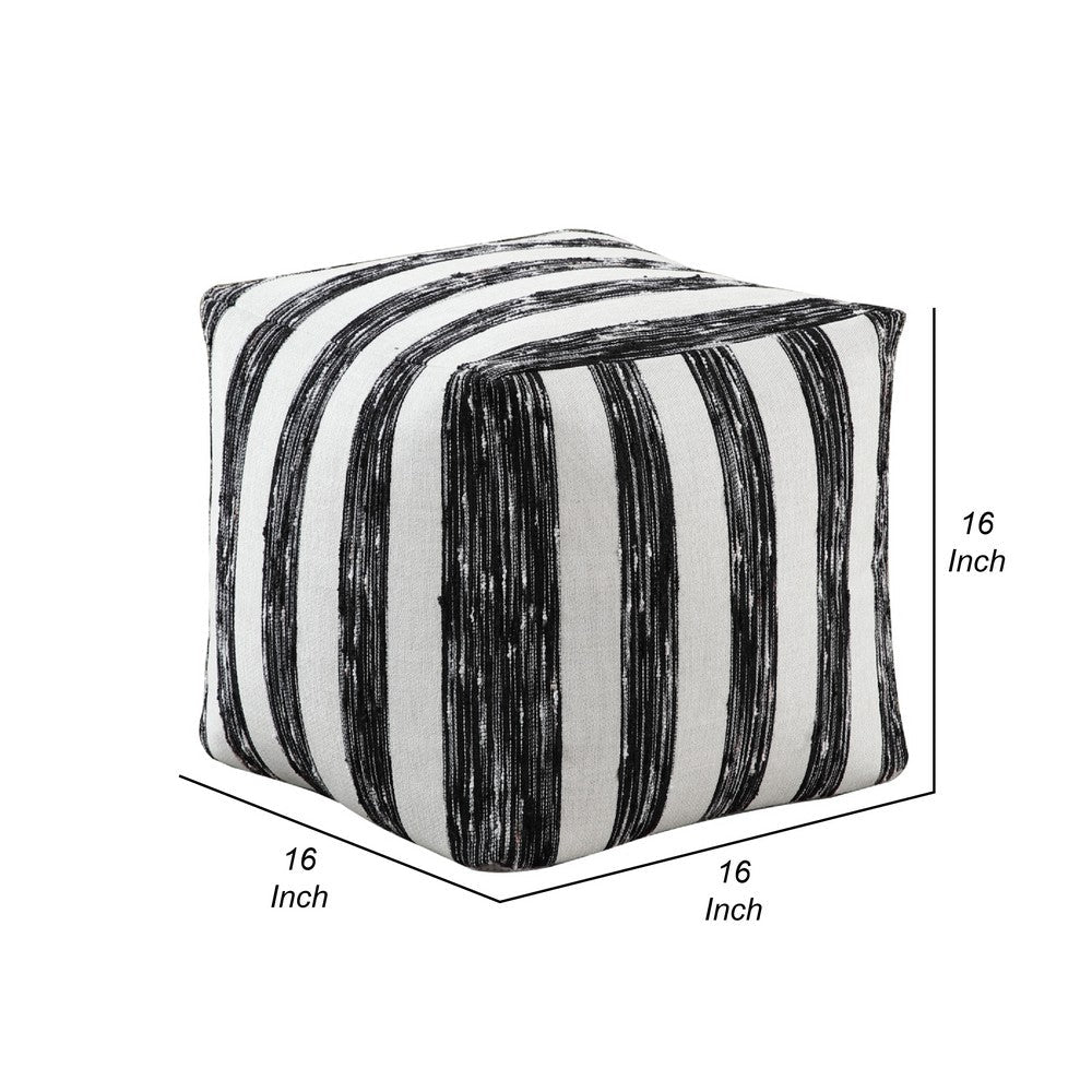 Modern Pouf Ottoman, Black White Wide Striped Jacquard, 16 Inch Square -BM336176