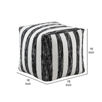 Modern Pouf Ottoman, Black White Wide Striped Jacquard, 16 Inch Square -BM336176