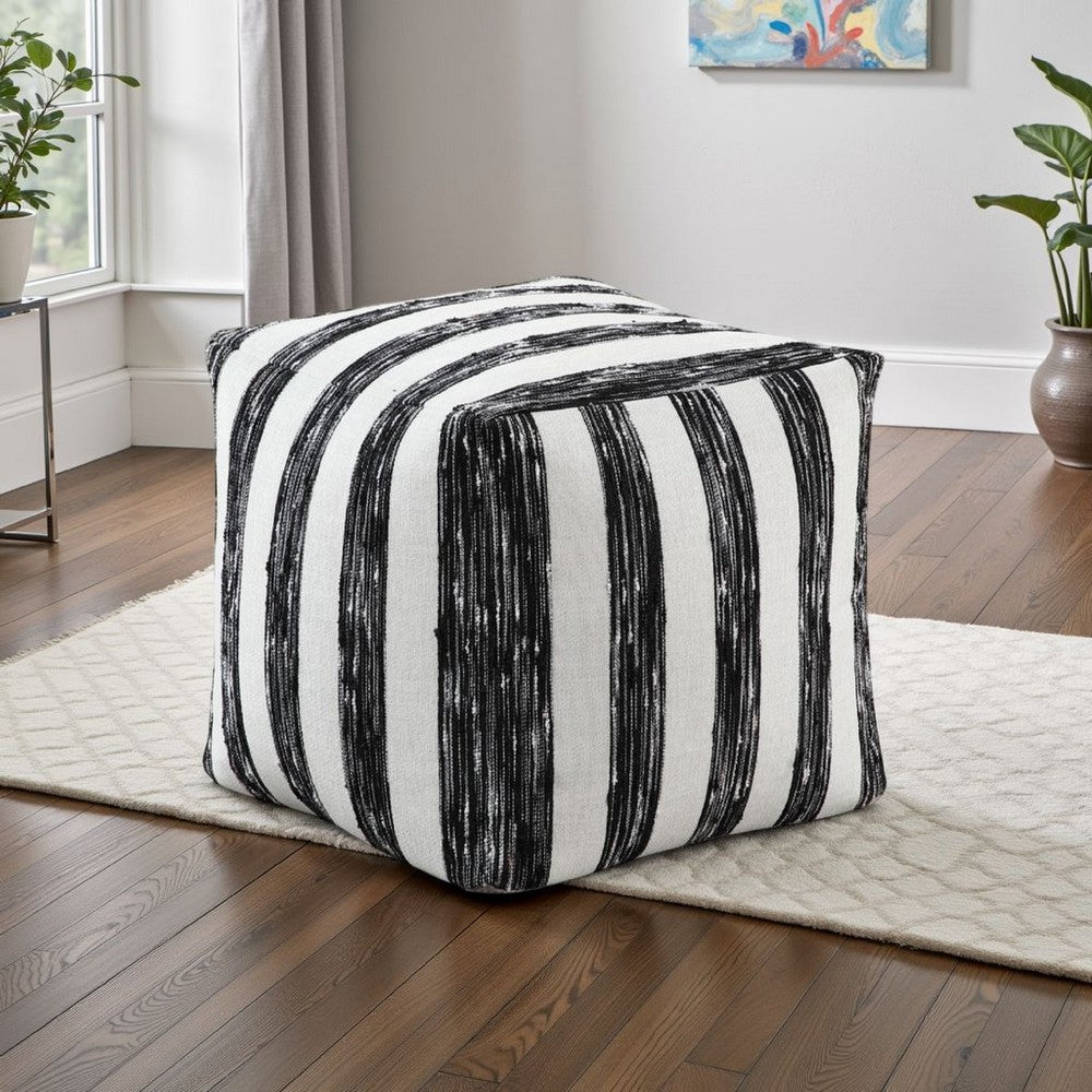 Modern Pouf Ottoman, Black White Wide Striped Jacquard, 16 Inch Square -BM336176