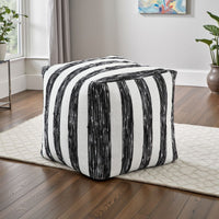 Modern Pouf Ottoman, Black White Wide Striped Jacquard, 16 Inch Square -BM336176